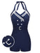 [Pre-Sale] Navy Blue Solid Belt Button Halter Swimsuit