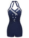 [Pre-Sale] Navy Blue Solid Belt Button Halter Swimsuit