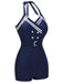 [Pre-Sale] Navy Blue Solid Belt Button Halter Swimsuit