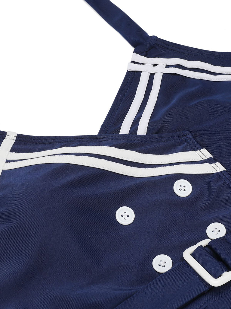 [Pre-Sale] Navy Blue Solid Belt Button Halter Swimsuit