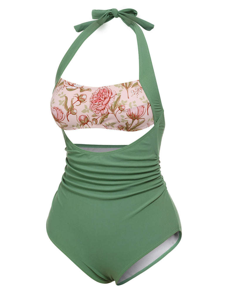 Green 1930s Peony Halter One-Piece Swimsuit