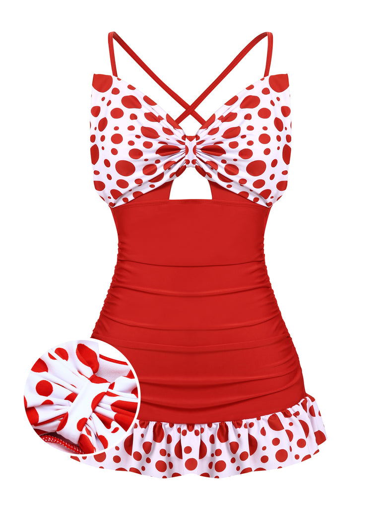 1930s Polka Dot Bowknot Patchwork Swimsuit