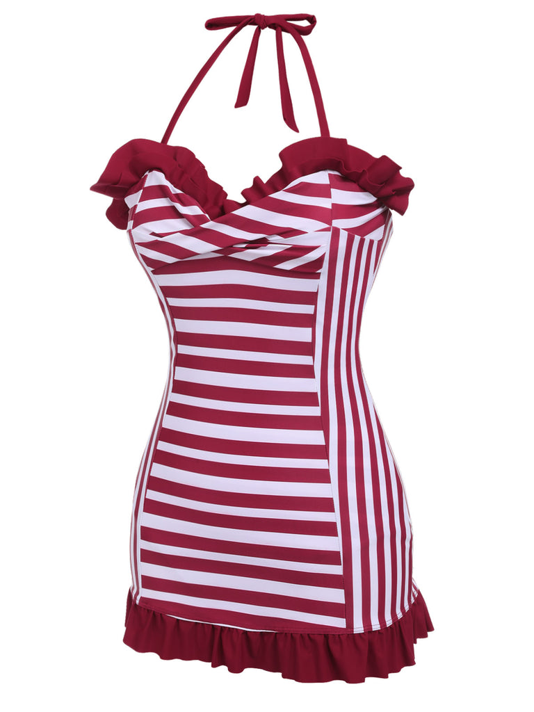 Wine Red 1950s Stripe Heart Collar Swimsuit