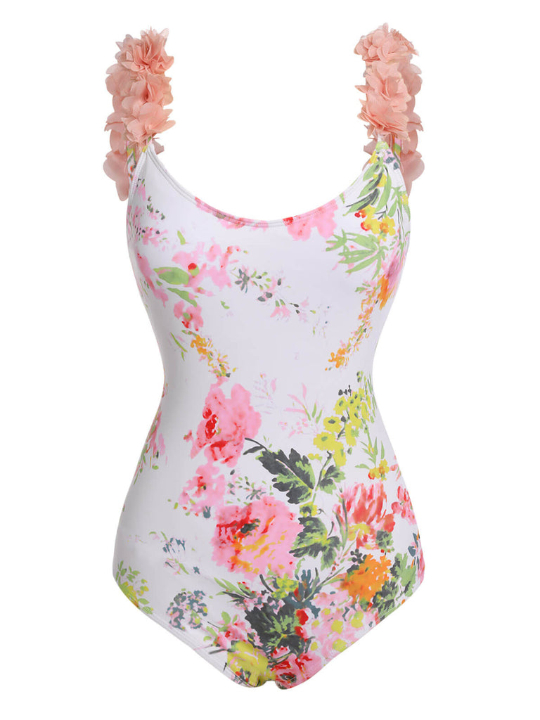 Light Pink 1950s Flowers Backless Swimsuit