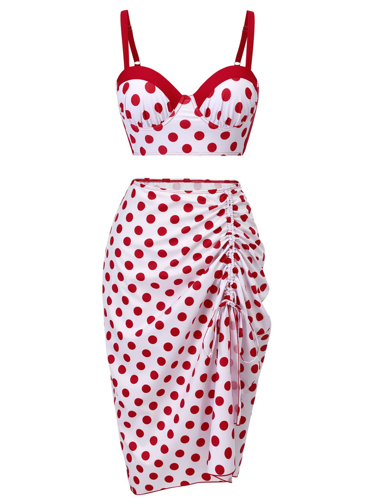 Red 1950s Polka Dot Pleated Swimsuit