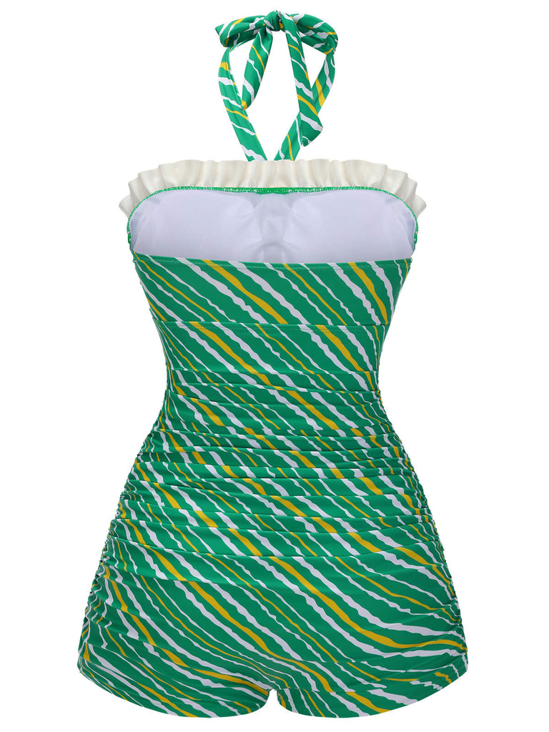 Green 1930s Stripe Off-Shoulder Halter Swimsuit