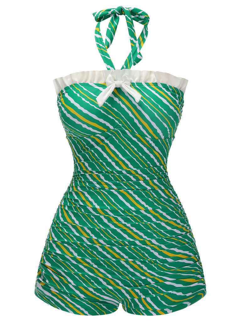 Green 1930s Stripe Off-Shoulder Halter Swimsuit