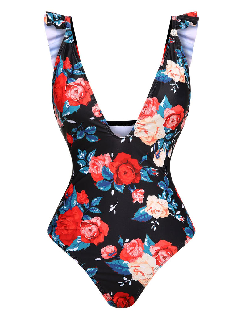 1940s Strap Flowers Deep V-Neck One-Piece Swimsuit