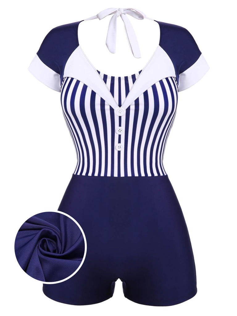 Navy Blue 1930s Stripe Patchwork Swimsuit