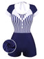 Navy Blue 1930s Stripe Patchwork Swimsuit