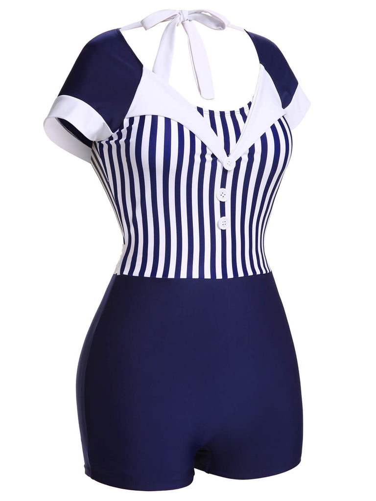 Navy Blue 1930s Stripe Patchwork Swimsuit