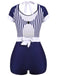 Navy Blue 1930s Stripe Patchwork Swimsuit