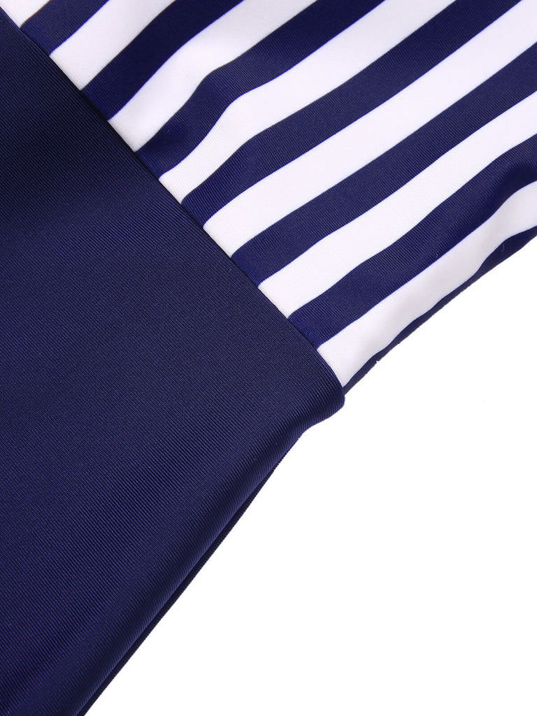 Navy Blue 1930s Stripe Patchwork Swimsuit