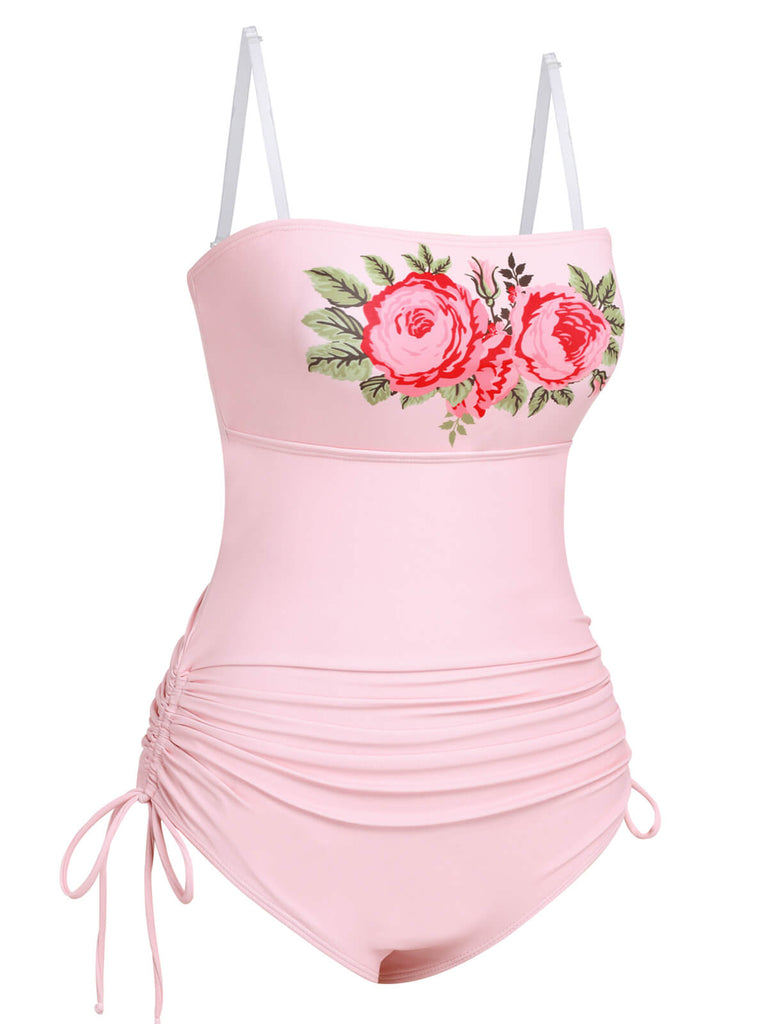 Pink 1940s Rose Halter One-piece Swimsuit