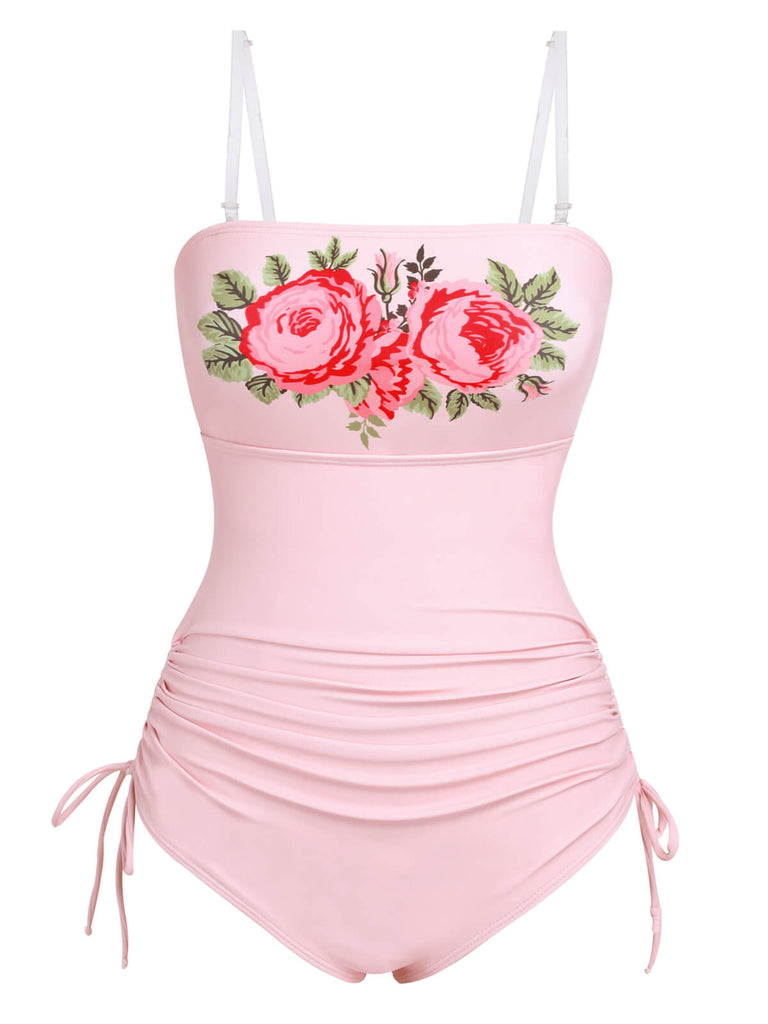 Pink 1940s Rose Halter One-piece Swimsuit