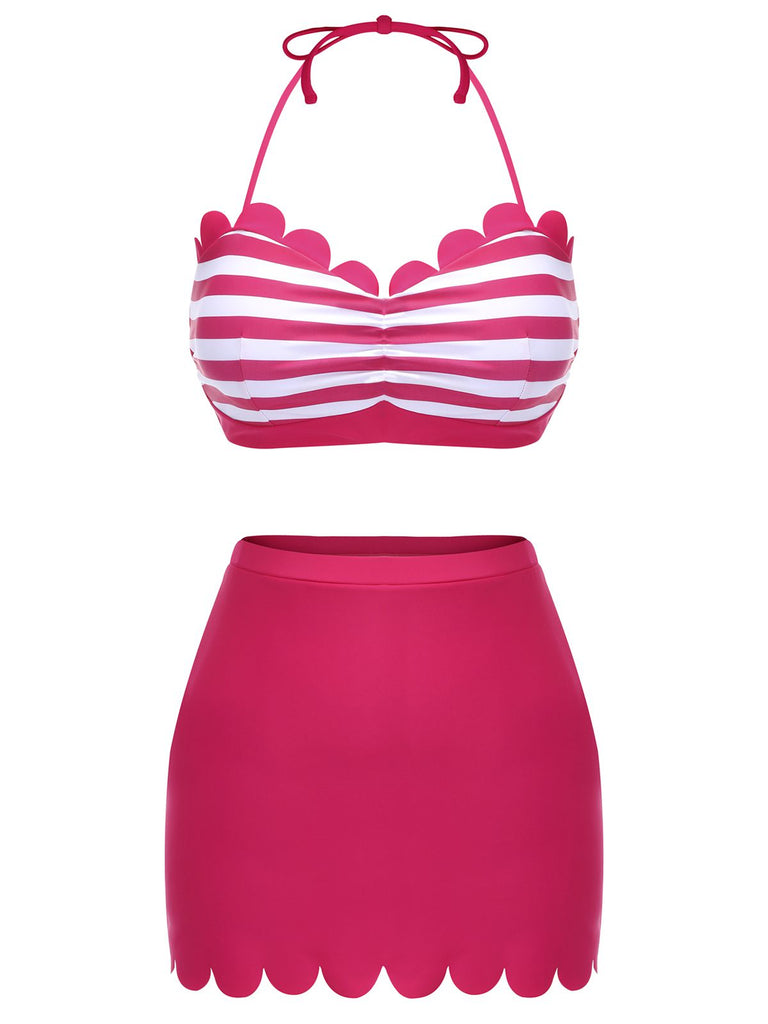 Rose Pink 1940s Stripes Halter Bikini Set