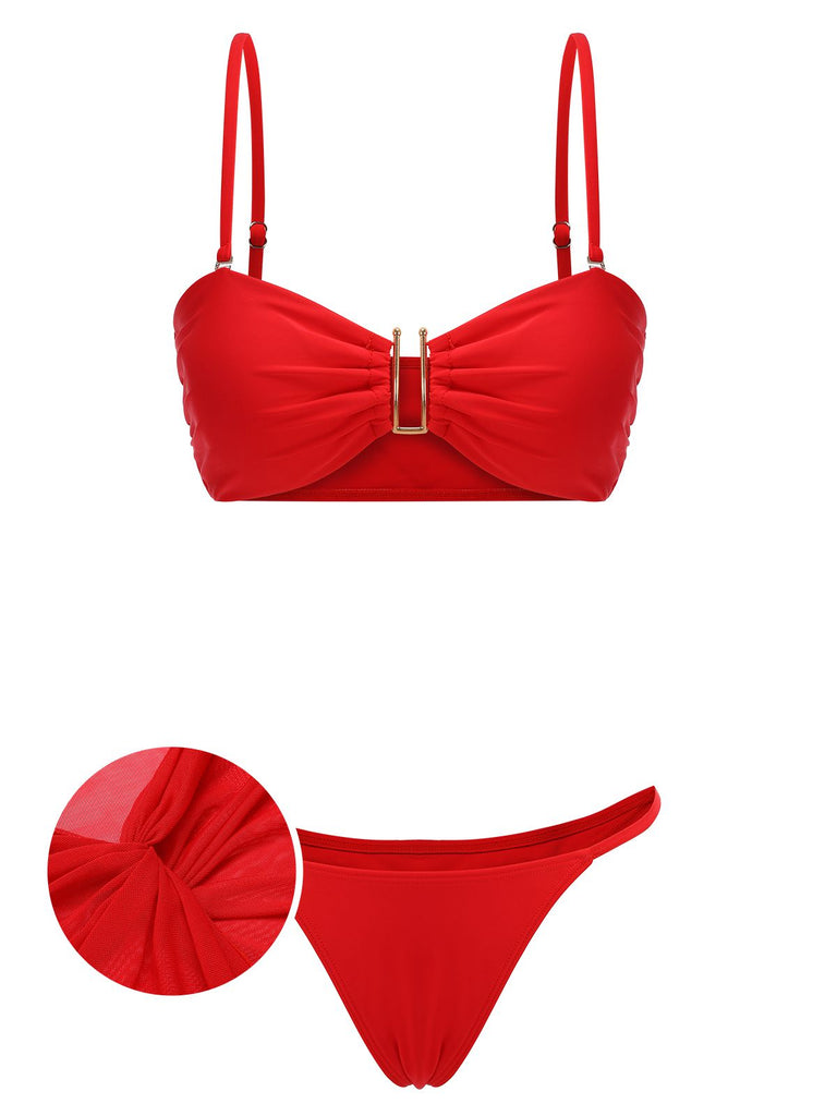 3PCS Red 1960s Strap Chiffon Bikini Set