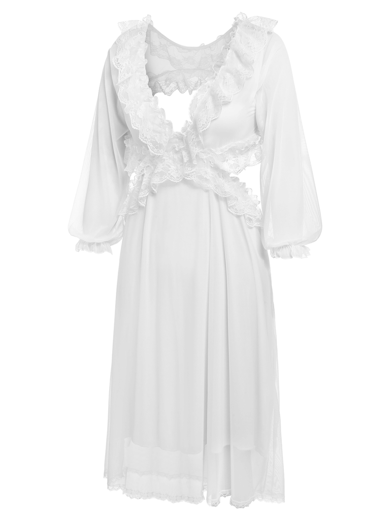 1950s Lace Ruffle Backless V-Neck Nightgown