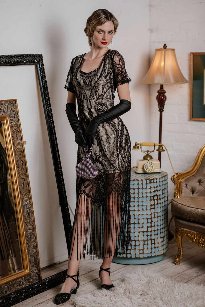 Black 1920s Fringe Lace Flapper Dress 