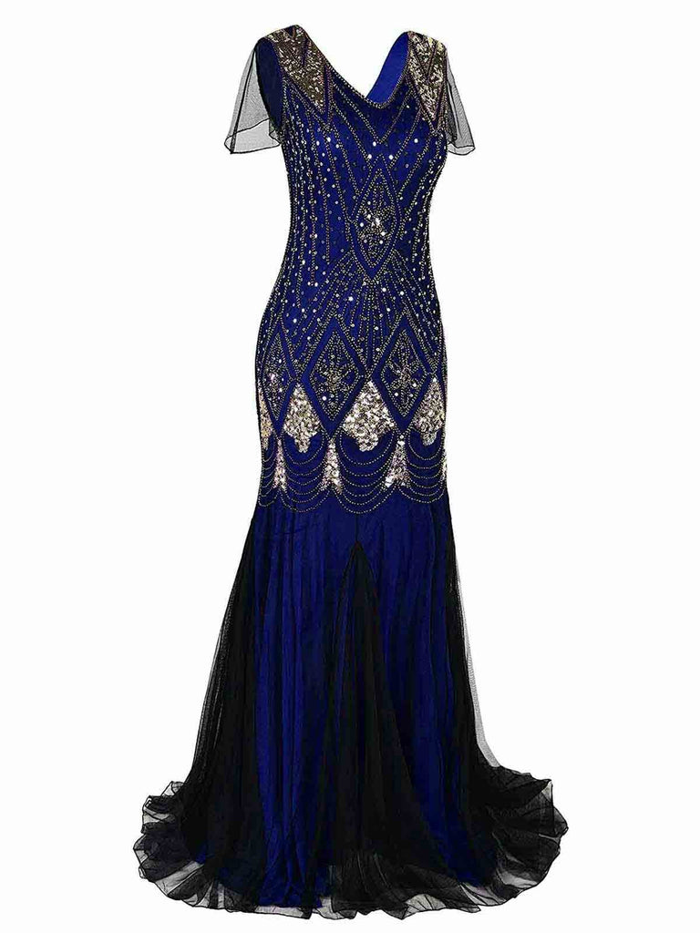 [Mid-year Clearance] Blue 1920s Sequined Maxi Flapper Dress-US Warehou ...