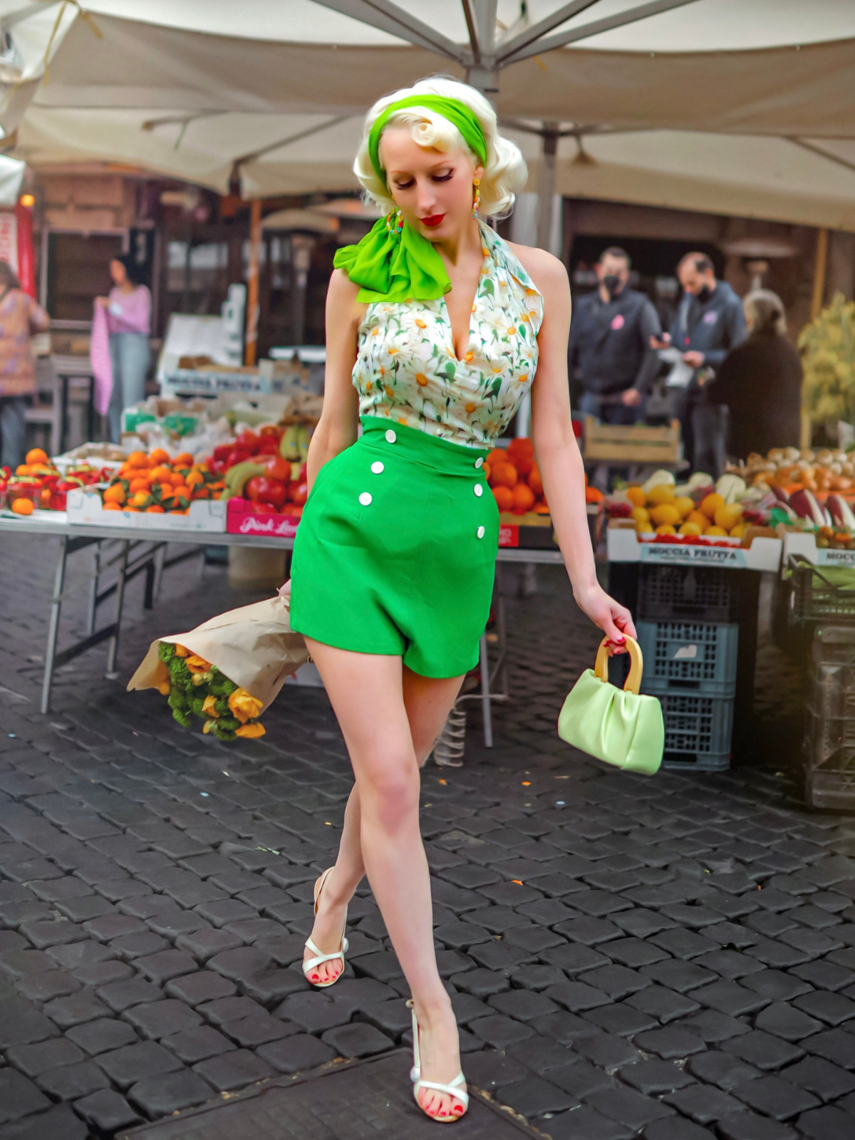 1950s Floral Halter Button Lace-up Romper