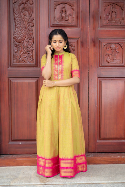 Shivani Magenta checks Dress With Pink Border - Chettinad Cotton Dress