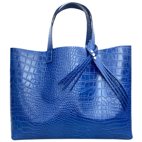 Blue Embossed Leather Tote Bag - MONOLISA Leather Bags made in California by Designer Lisa Ramos