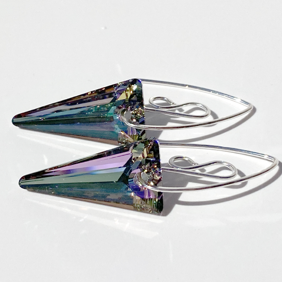 Small Argentium Silver Elegant Scroll Design Spike Crystal Earrings - Purple Spikes