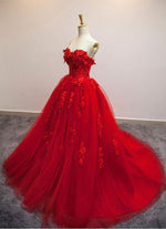 Load image into Gallery viewer, Burgundy Floral Lace Sweetheart Tulle Ball Gown Wedding Dresses
