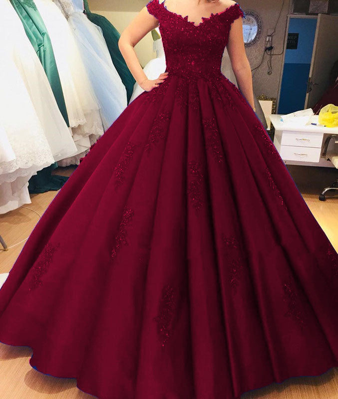 off shoulder satin ball gown