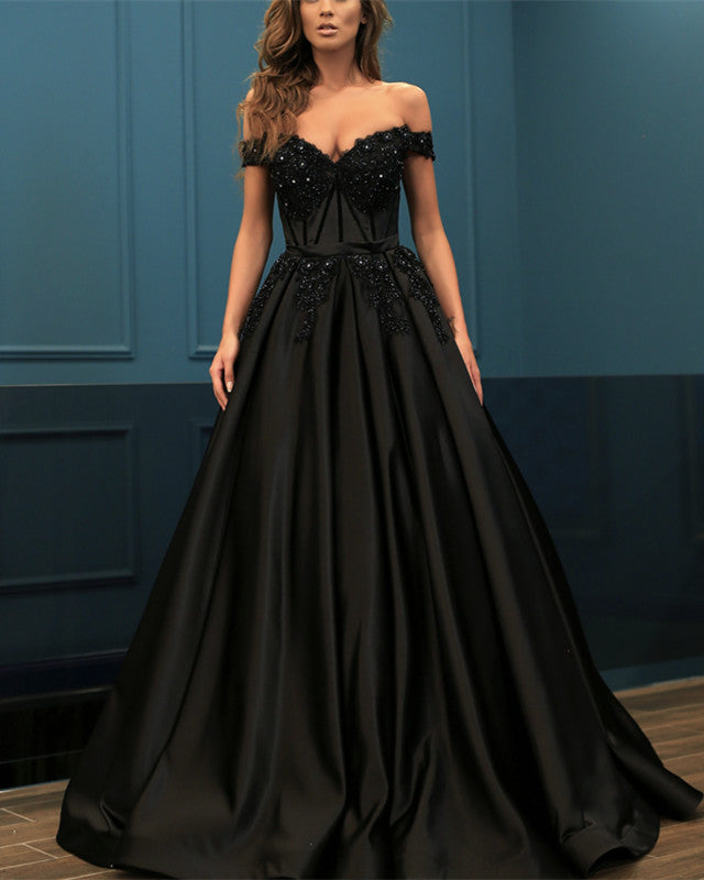off shoulder satin ball gown