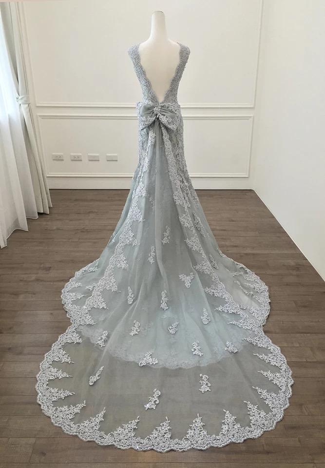 silver lace evening gown