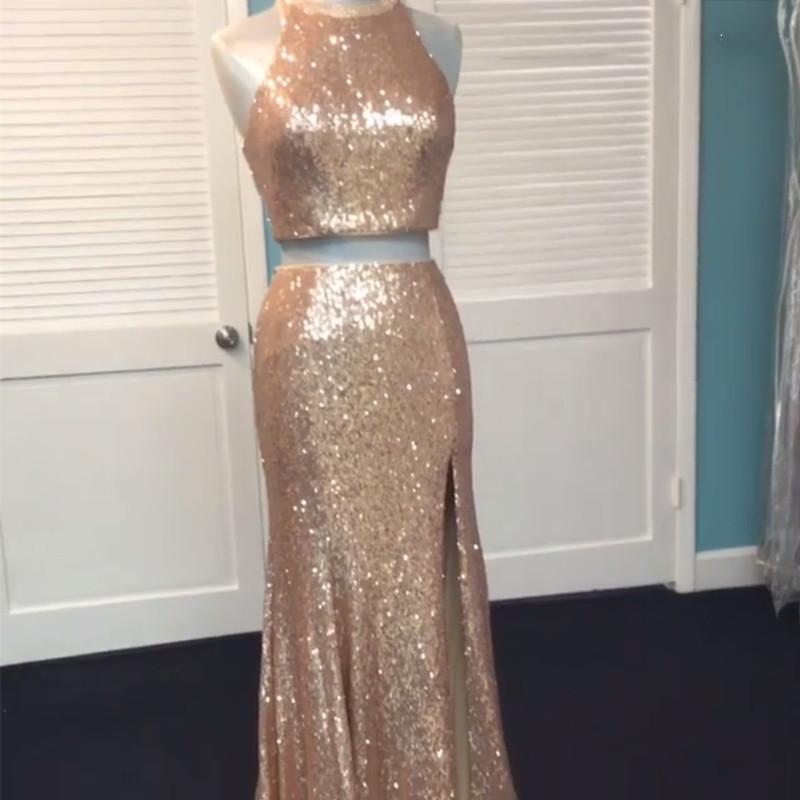 two piece rose gold prom dress