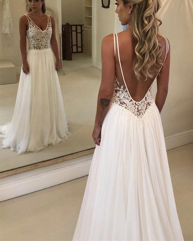 Boho Lace Bodice Chiffon V Neck Wedding Beach Dresses