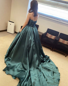 Ball Gown Ruched Sweetheart Sweep Train Satin Dresses