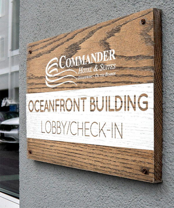 Commander Hotel Brushed Aluminum Custom Commercial Sign and Wood Prints