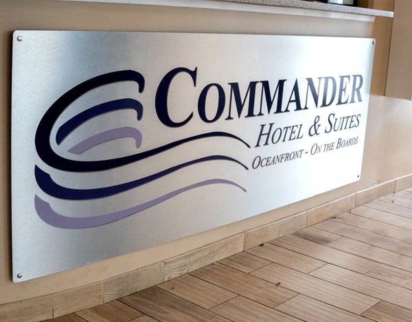 Commander Hotel Brushed Aluminum Custom Commercial Sign and Wood Prints