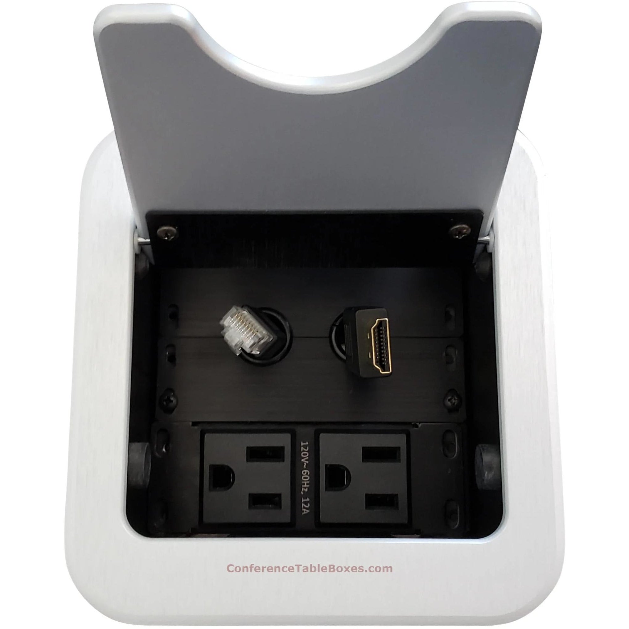 Cable Well Box with HDMI & Cat6 Retractable Cables, 2 Power - Silver –  Conference Table Boxes