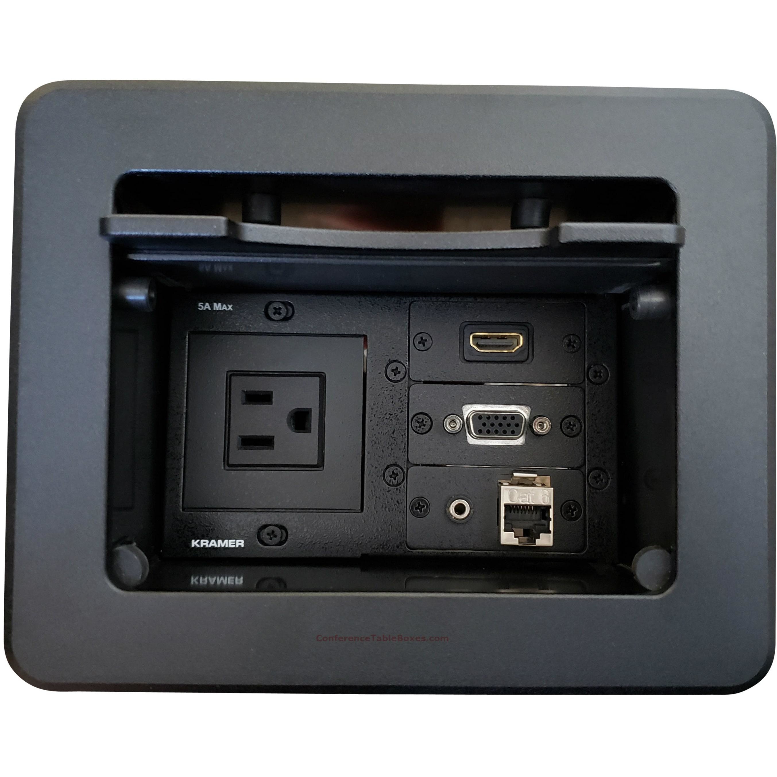 Cable Well Box with HDMI & Cat6 Retractable Cables, 2 Power