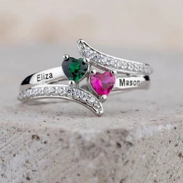 Personalized Promise Ring with Birthstones and Names- Sterling Silver