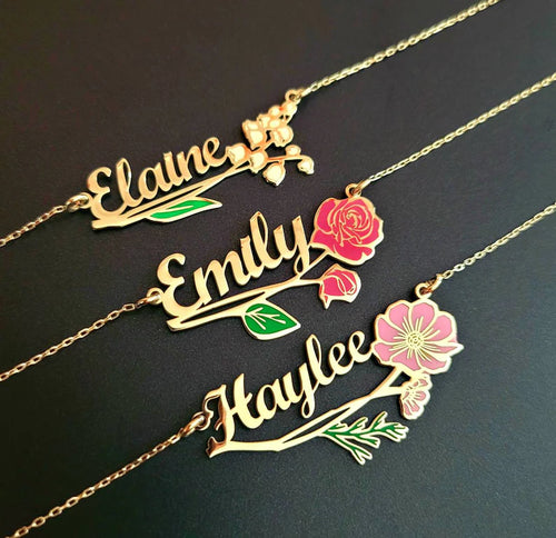 Colorful Birth Flower Name Necklace Horizontal