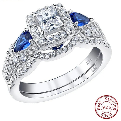 Bridal Set with AAAAA Princess Cut Blue Pear Zircons Sterling Silver
