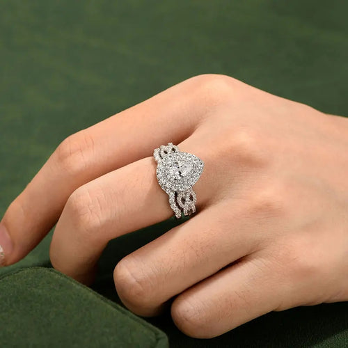 1.2 Carats Pear Shape Halo Sterling Silver Ring Set