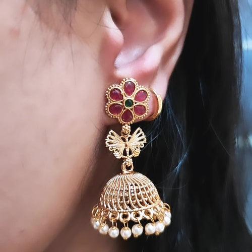 Gold plated Polki Jhumkis - Red