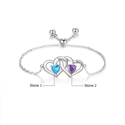 Interlocking Heart Silver Bracelet with Names and Birthstones
