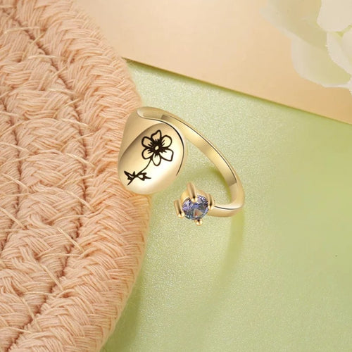 Personalized Birth Flower Signet Ring with Birthstone