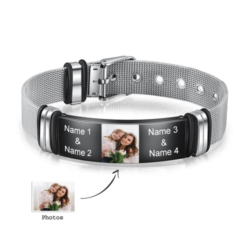 Custom Engraved Photo and Name Bracelet for Men Stainless Steel Adjustable