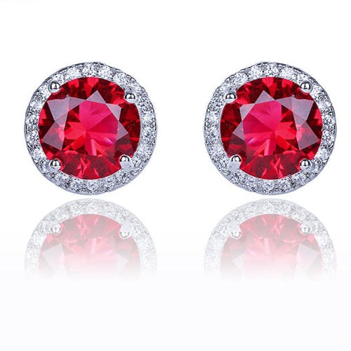 Red Halo Cubic Zirconia Stud Earrings Sterling Silver