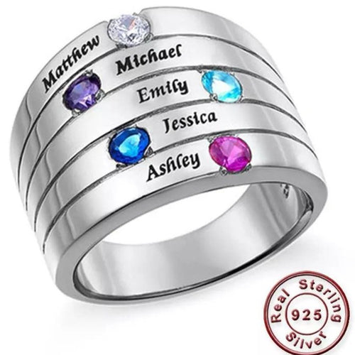 Engraved Five Birthstones and  Names Ring