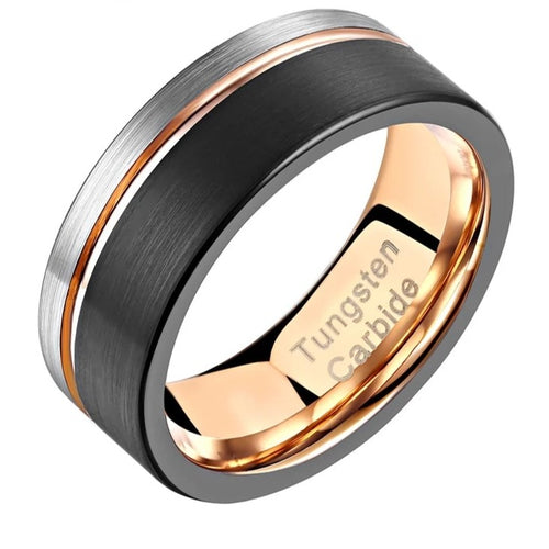 Tungsten Ring Black and Silver Brushed with Rose Gold Accent